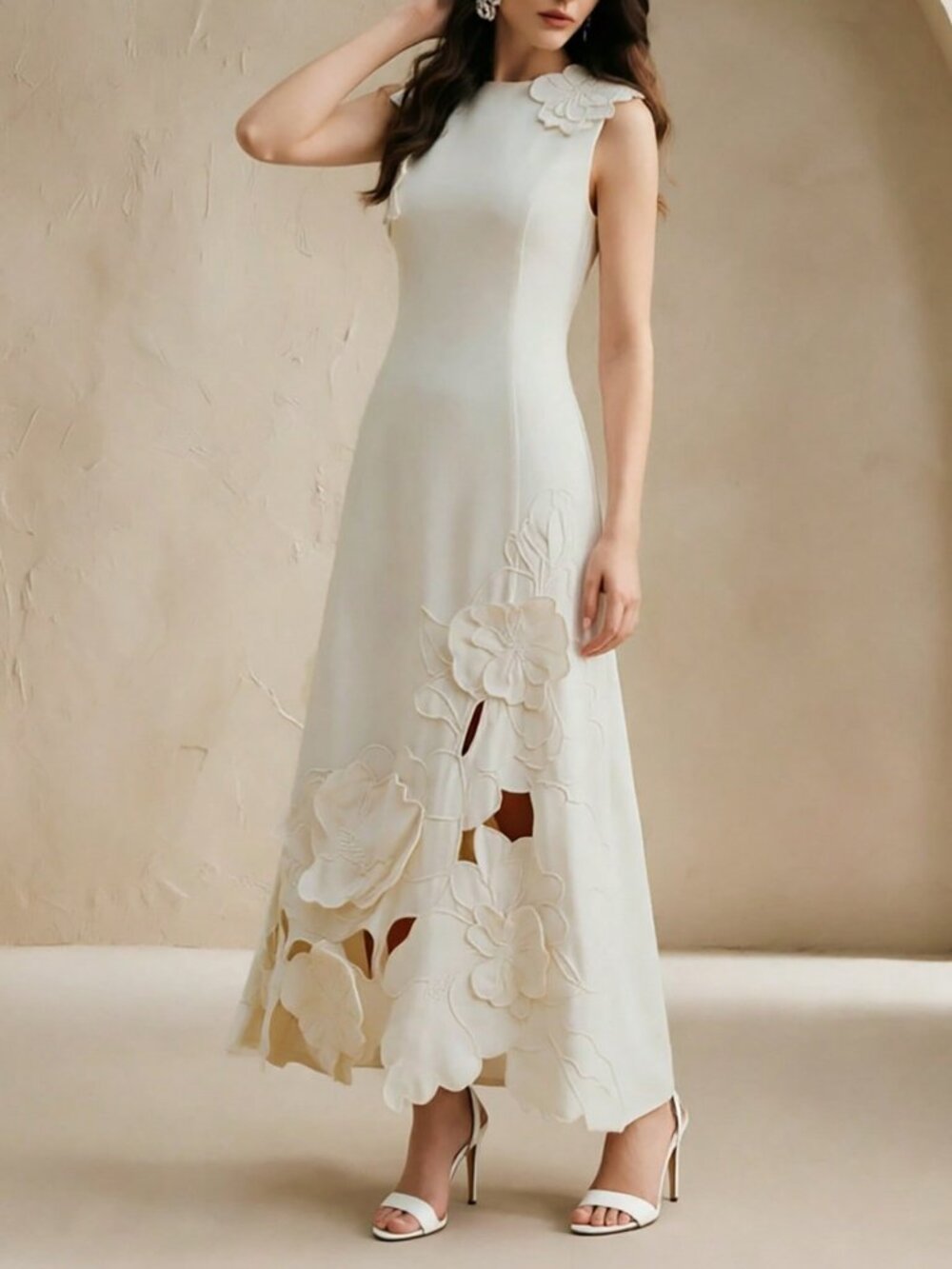 Beige Elegant Women's Hollow Out Embroidered 3d Floral Fitted Sleeveless Dress - Picture 1 of 7